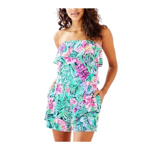 Lilly Pulitzer Anja Romper Mandevilla Pink Extra Lucky Tube Top Shorts Medium - Picture 8 of 8